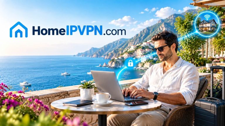 A man working remotely on his laptop at a seaside terrace, his connection secured through an encrypted tunnel back to his home network.