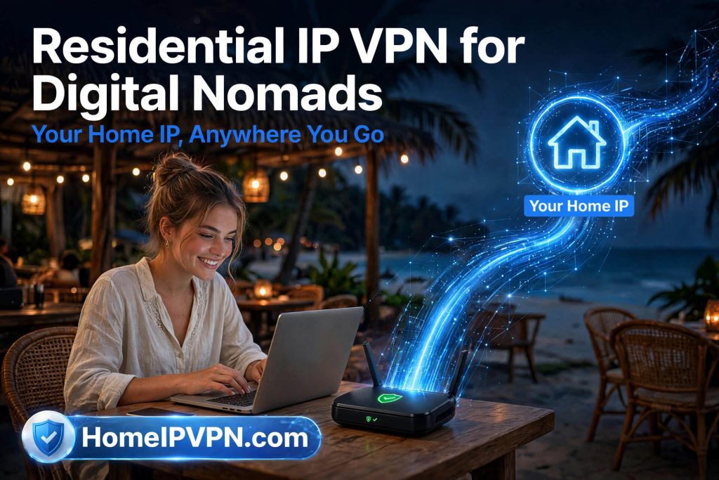 A digital nomad working on her laptop at a beachside cafe at night, her travel router streaming a glowing connection back to her home IP.