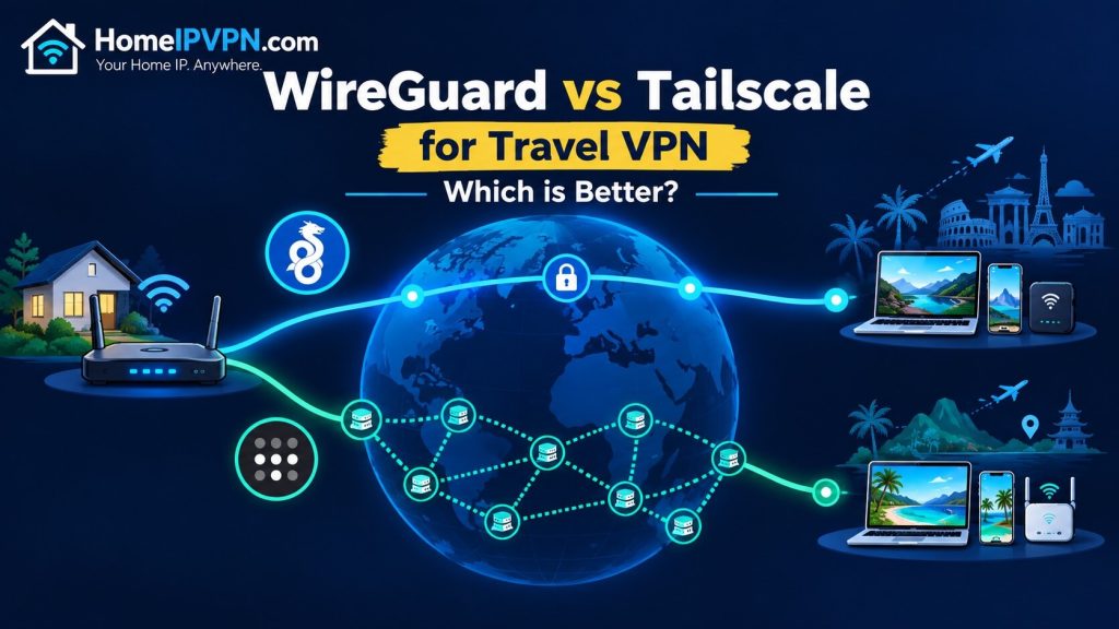 Illustration comparing WireGuard and Tailscale for travel VPN, showing a home router connecting to travelers' devices around a globe.