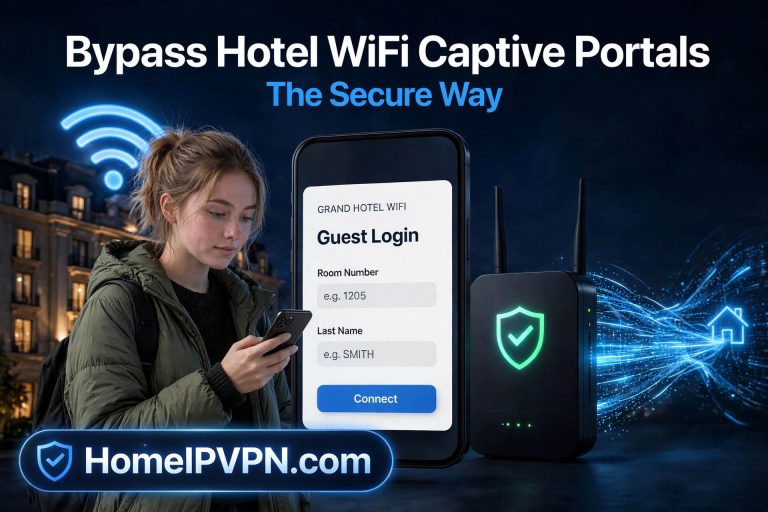 A traveler completing a hotel WiFi guest login on her phone beside a travel router, illustrating how to bypass hotel WiFi captive portals securely.