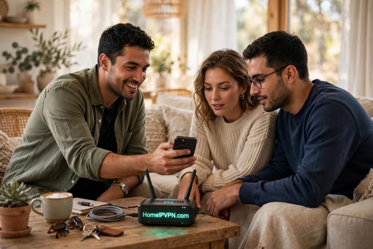 A host showing guests his phone while a travel router hosts a guest network in an Airbnb living room.
