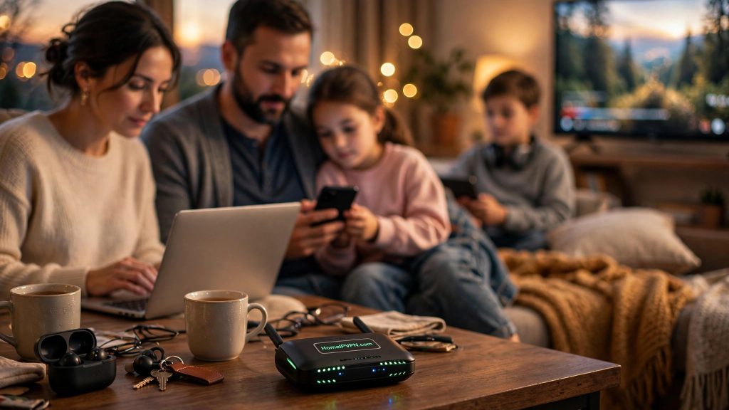 Family living room with many devices connected to route all devices through home IP VPN.