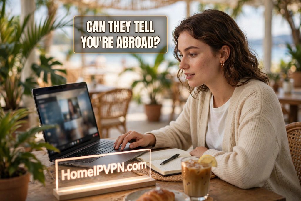 Woman on a video call at a beachside cafe, glowing headline reading can they tell you're abroad