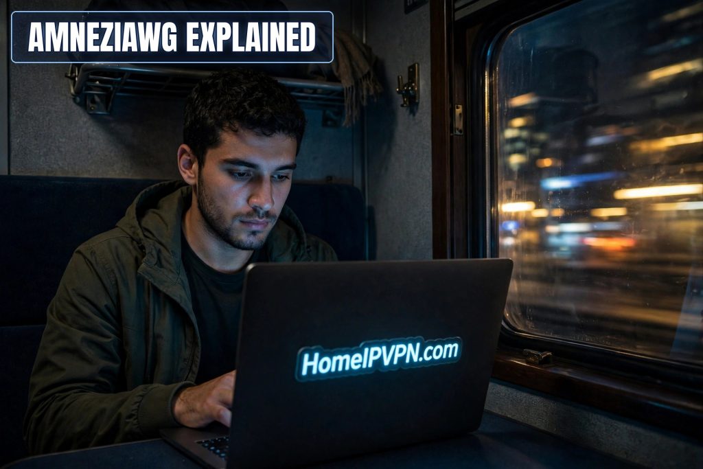 Man working on a laptop on a night train, glowing headline reading AmneziaWG explained