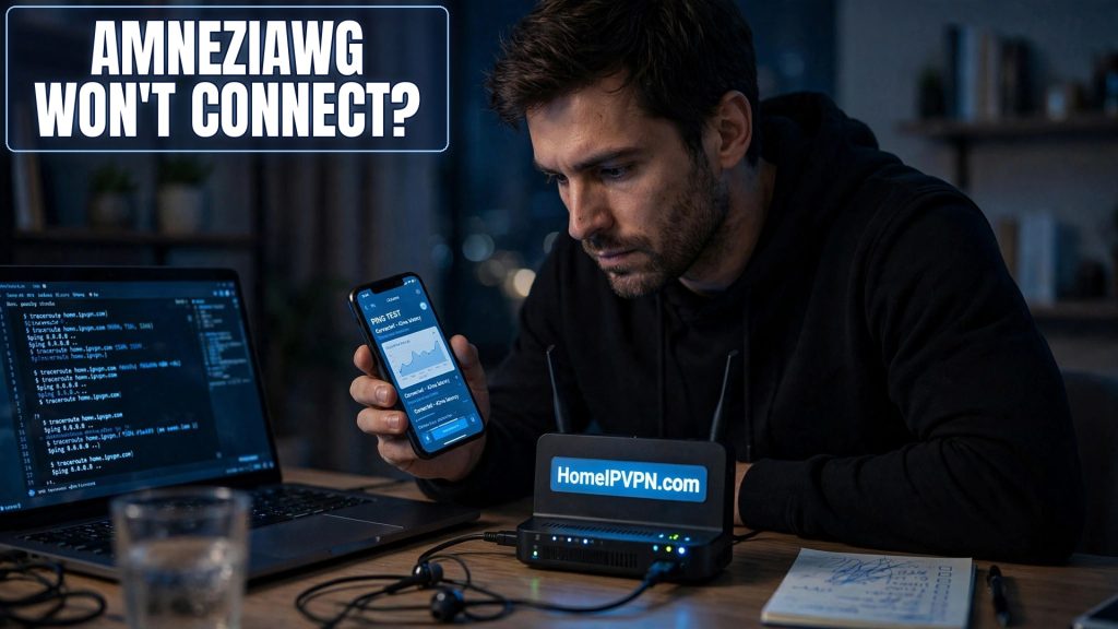 Featured image for the article "AmneziaWG Won't Connect? Troubleshooting Steps" with the headline overlaid on a themed photo.