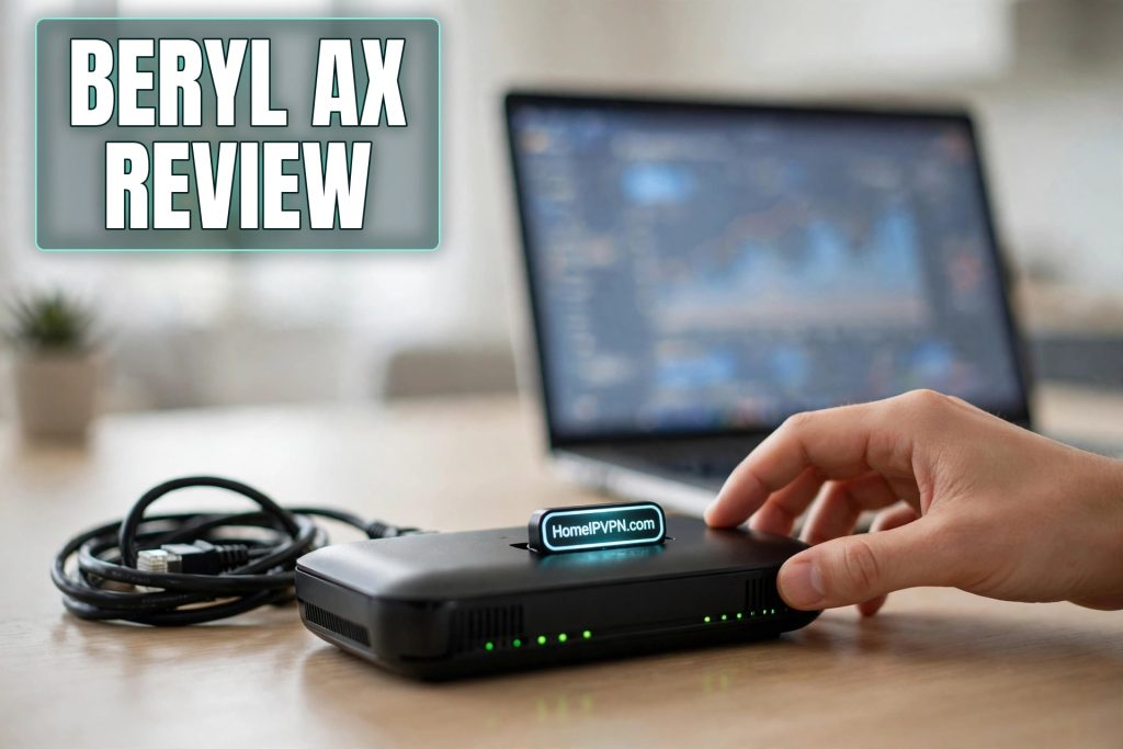 Beryl AX travel router on a desk with a hand on it, glowing headline reading Beryl AX review
