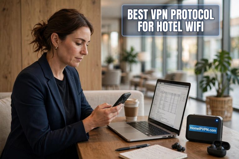 Featured image for the article "Best VPN Protocol for Hotel WiFi: A Practical Breakdown" with the headline overlaid on a themed photo.