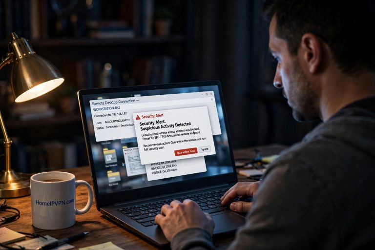 IT support technician at a desk at night looking at a laptop showing a remote desktop session with a security alert warning of suspicious activity, with a HomeIPVPN.com coffee mug on the desk