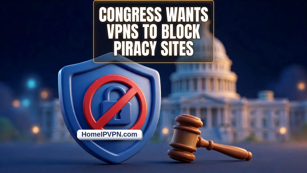 Pixar-style 3D VPN shield with blocked symbol and gavel, headline: Congress Wants VPNs to Block Piracy Sites, 3D HomeIPVPN.com badge