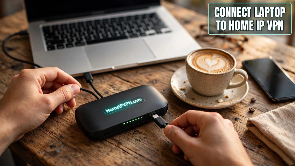Hands connecting cables to a travel router beside a laptop, glowing headline reading connect laptop to home IP VPN