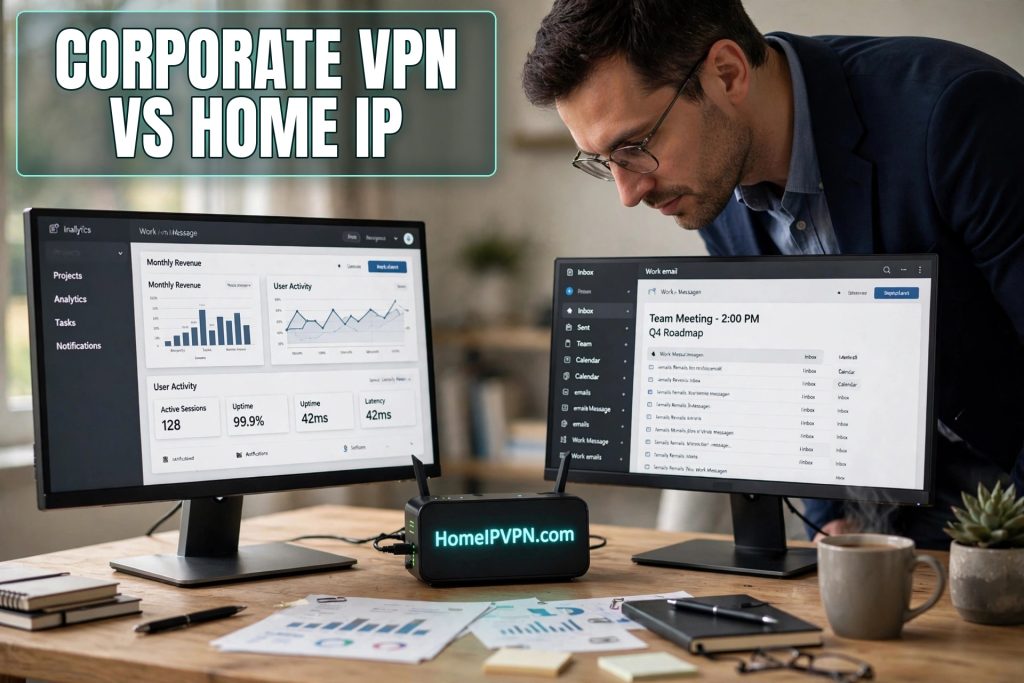 Photorealistic headline thumbnail for the article: Corporate VPN Conflicts with Your Home IP VPN? How to Coexist