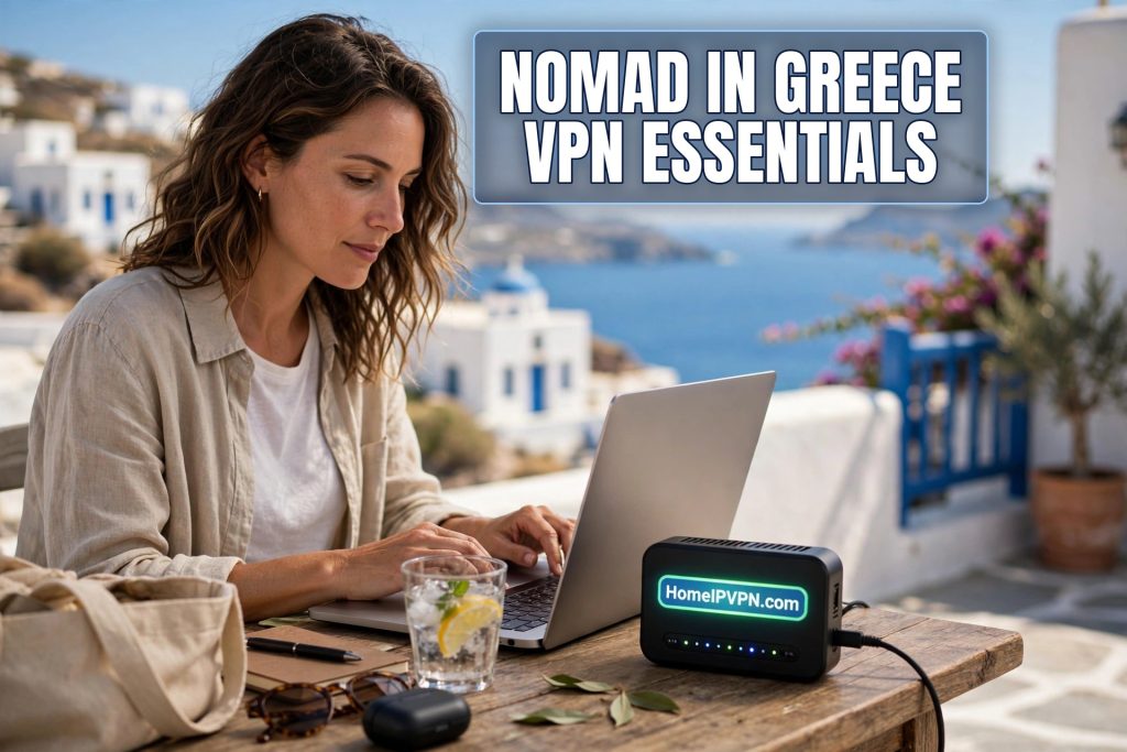 Photorealistic headline thumbnail for the article: Digital Nomad in Greece: Home IP VPN Essentials