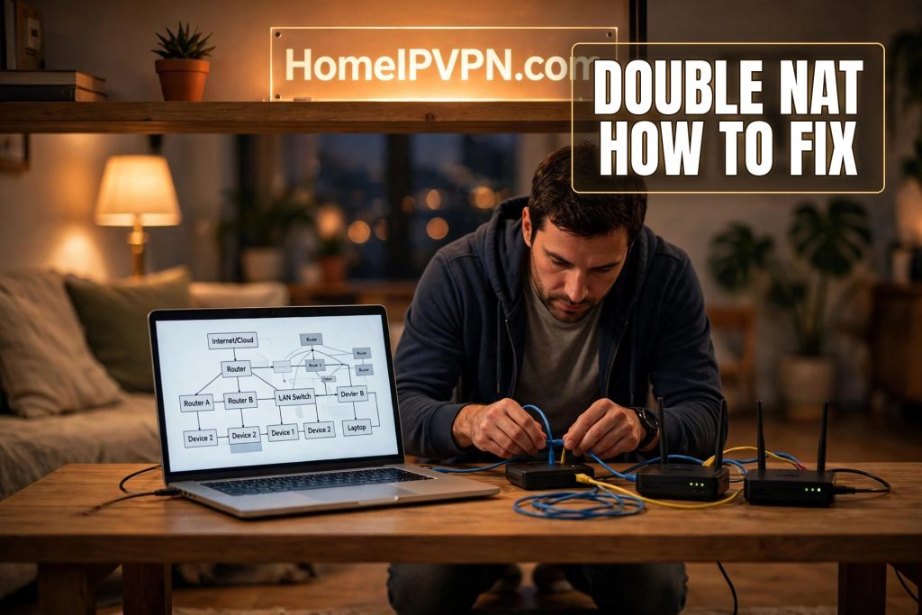 Photorealistic headline thumbnail for the article: Double NAT Issues with Home VPN: How to Fix Them