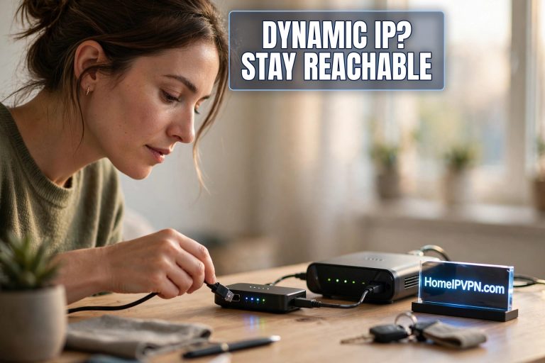 Featured image for the article "Dynamic IP Addresses and DDNS: Keeping Your Home VPN Reachable" with the headline overlaid on a themed photo.