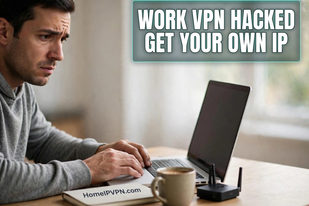 Worried remote worker at a laptop with a travel router after his employer's VPN was hacked; headline reads Work VPN Hacked, Get Your Own IP