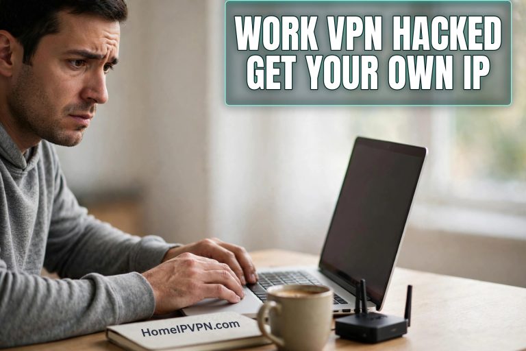 Worried remote worker at a laptop with a travel router after his employer's VPN was hacked; headline reads Work VPN Hacked, Get Your Own IP