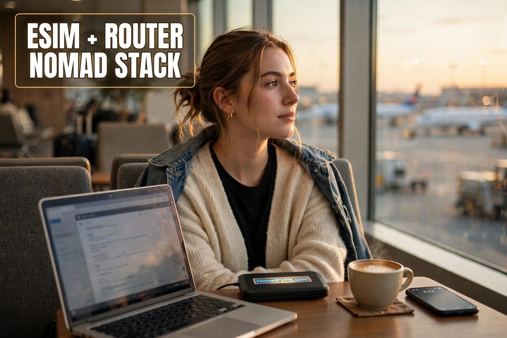 Photorealistic headline thumbnail for the article: eSIM + Travel Router: The Ultimate Nomad Connectivity Stack