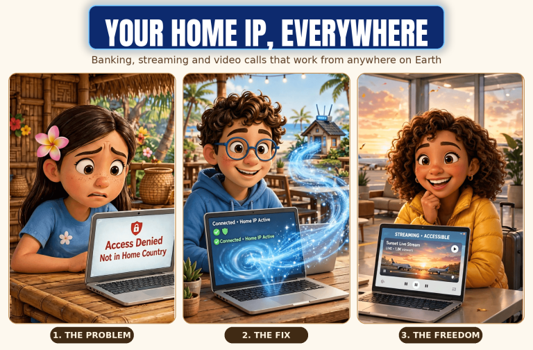 Pixar-style travelers Kira, Leo, and Amila with the headline Your Home IP, Everywhere