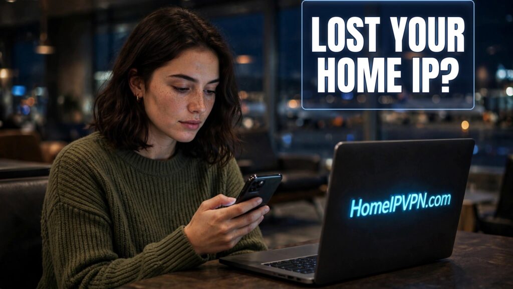 Woman in an airport lounge at night looking at her phone with a laptop in front of her, with the headline Lost Your Home IP?