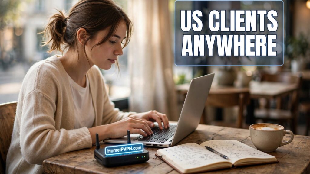 Freelancer typing on a laptop at a cafe table with a HomeIPVPN.com router beside her, with the headline US Clients Anywhere