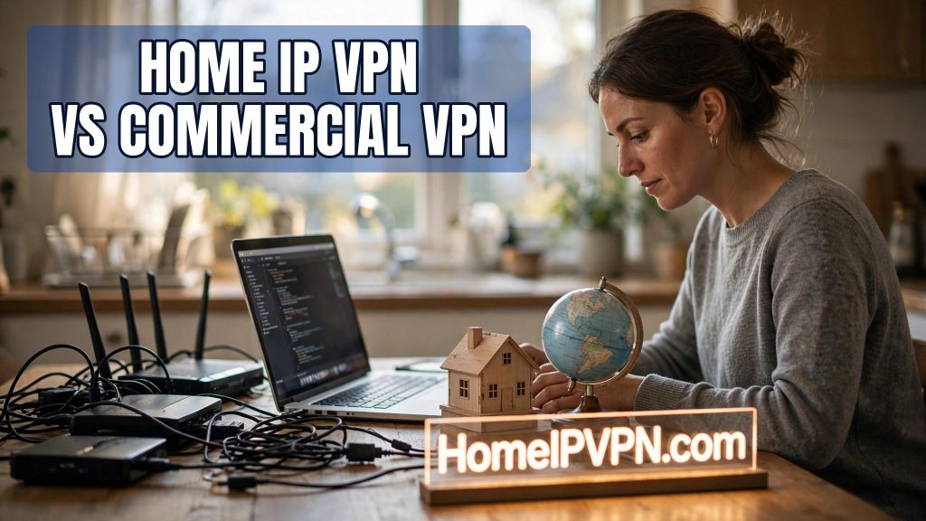 Woman at a kitchen table with a laptop and networking gear, headline reading Home IP VPN vs Commercial VPN on a blue box