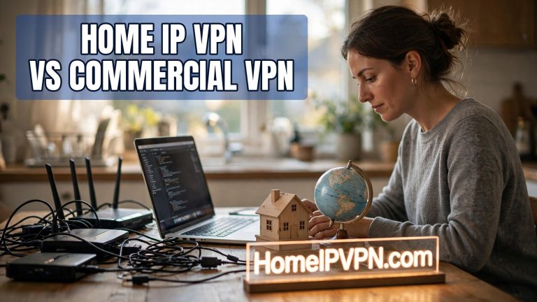 Woman at a kitchen table with a laptop and networking gear, headline reading Home IP VPN vs Commercial VPN on a blue box