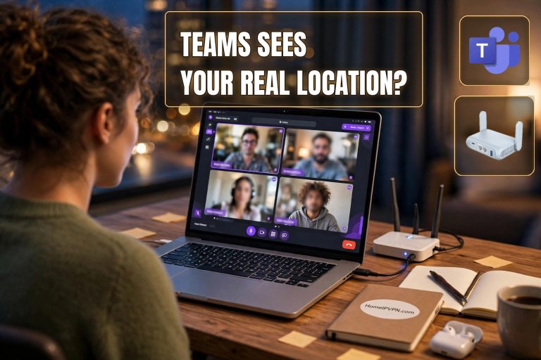 Remote worker on a Teams video call seen over her shoulder, laptop screen showing the call, with Teams and GL.iNet router icon badges and a headline asking whether Teams sees your real location