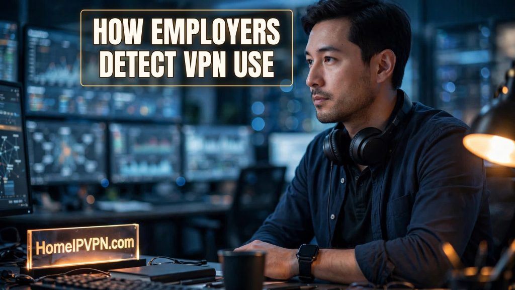 IT worker at a security operations center with monitors, glowing headline reading how employers detect VPN use