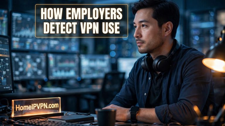 IT worker at a security operations center with monitors, glowing headline reading how employers detect VPN use