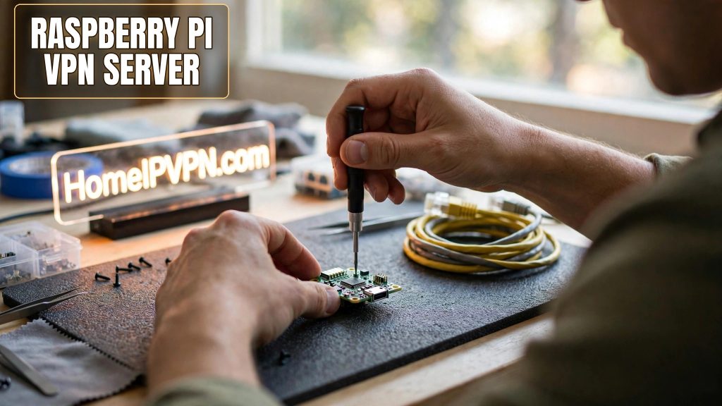 Featured image for the article "How to Set Up a Raspberry Pi as a Home VPN Server" with the headline overlaid on a themed photo.