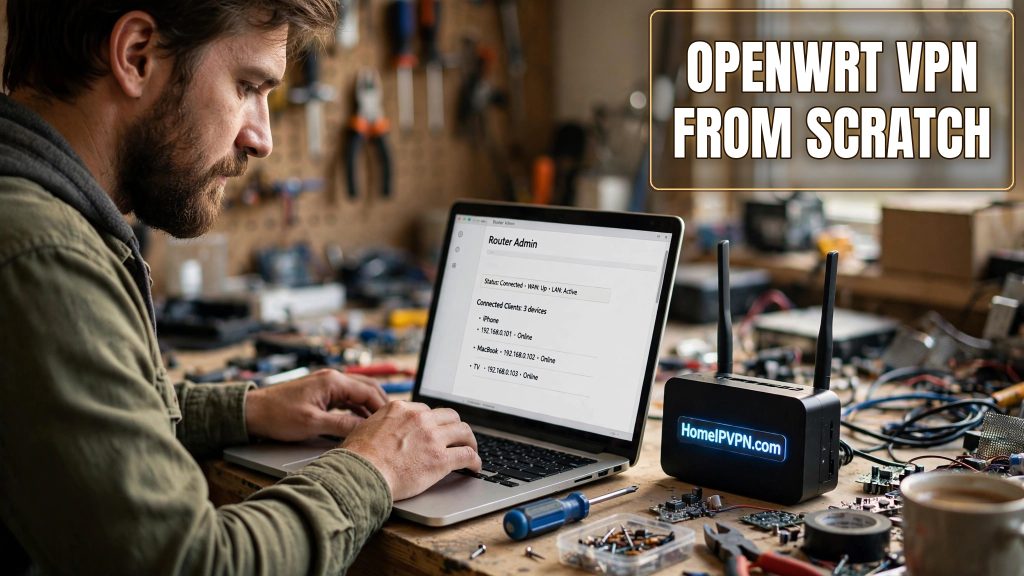 Featured image for the article "How to Set Up a VPN Server on OpenWrt from Scratch" with the headline overlaid on a themed photo.