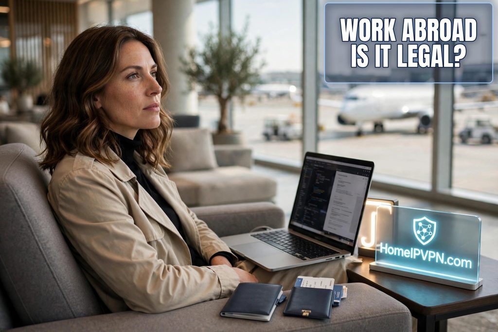 Featured headline image for the article: Is It Legal to Work Remotely from Another Country? Key Considerations.