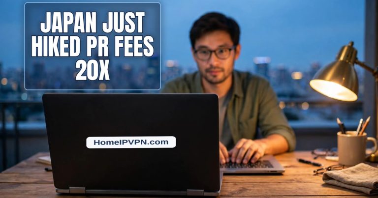 Laptop with HomeIPVPN.com sticker on its lid, remote worker typing in Tokyo at dusk, headline Japan just hiked PR fees 20X