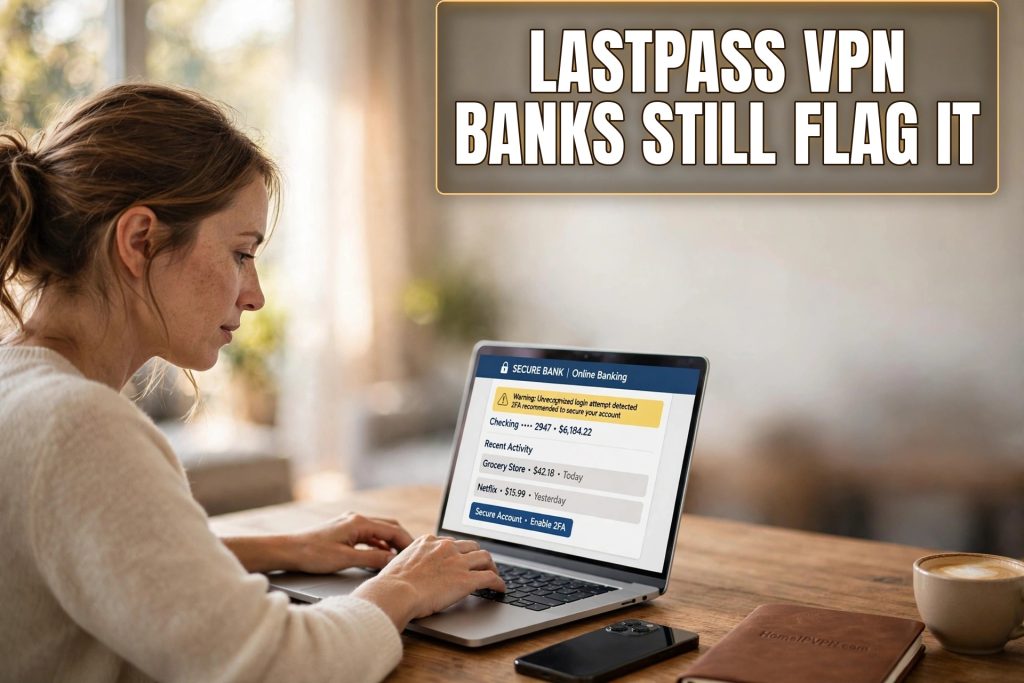Woman checking online banking on a laptop showing an unrecognized login attempt warning while on a VPN; headline reads LastPass VPN, Banks Still Flag It