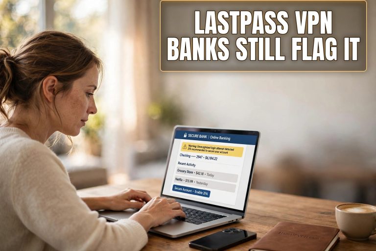 Woman checking online banking on a laptop showing an unrecognized login attempt warning while on a VPN; headline reads LastPass VPN, Banks Still Flag It