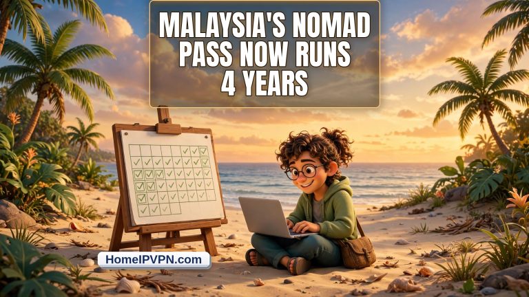 Pixar-style 3D nomad on tropical beach at sunset, headline: Malaysia's Nomad Pass Now Runs 4 Years, 3D HomeIPVPN.com badge