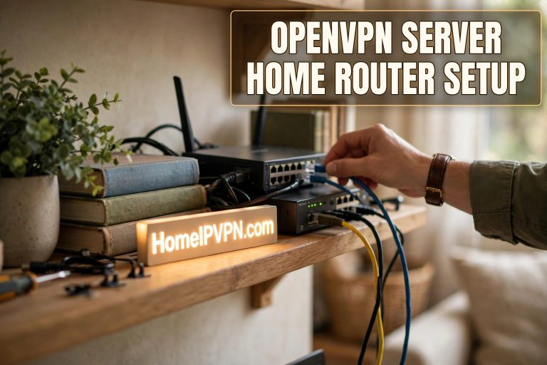 Hand plugging an ethernet cable into a home router on a shelf, glowing headline reading OpenVPN server home router setup