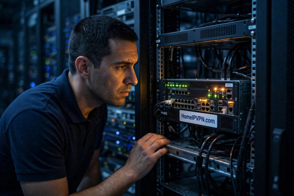 IT technician in a server room closely examining a rack-mounted firewall appliance with glowing status lights and a HomeIPVPN.com sticker on its front panel