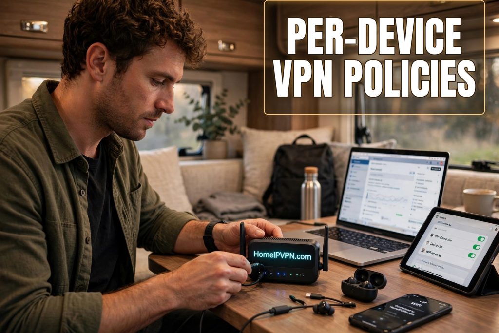 Featured headline image: Per-Device VPN Policies on GL.iNet - man configuring a HomeIPVPN travel router in a camper van, headline overlay 'PER-DEVICE VPN POLICIES'.