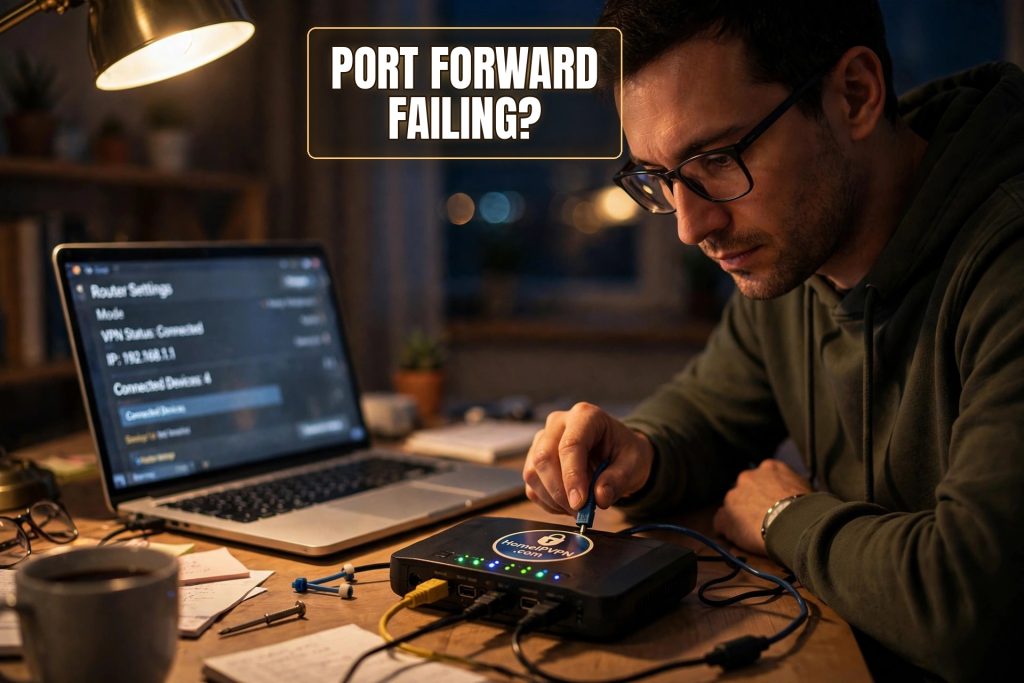 Featured image for the article "Port Forwarding Not Working? A Troubleshooting Checklist" with the headline overlaid on a themed photo.