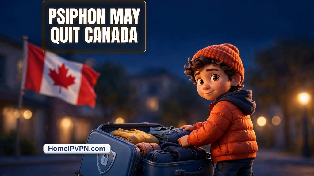 Pixar-style 3D character packing suitcase with Canadian flag, headline: Psiphon May Quit Canada, 3D HomeIPVPN.com badge