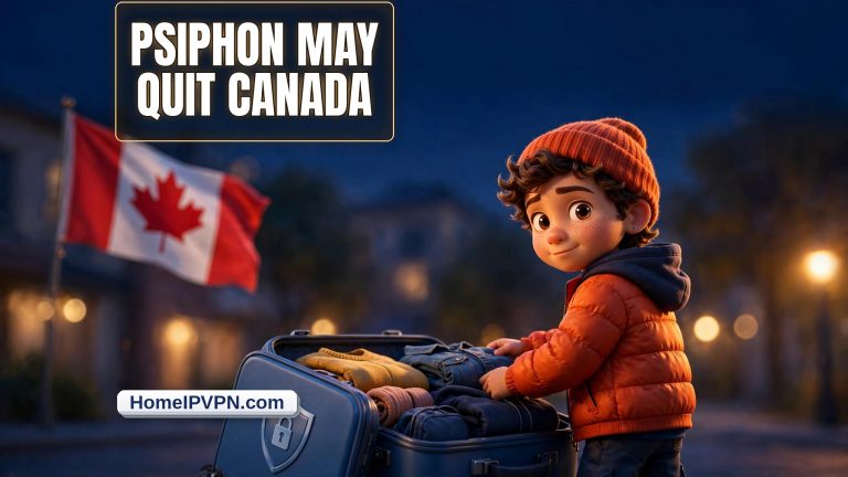 Pixar-style 3D character packing suitcase with Canadian flag, headline: Psiphon May Quit Canada, 3D HomeIPVPN.com badge