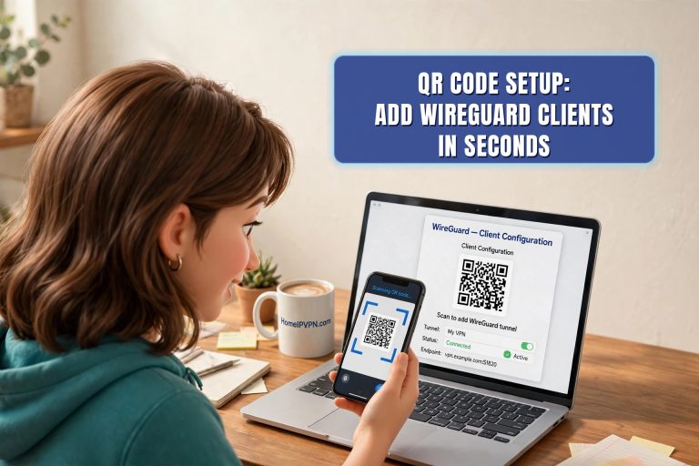 3D Pixar-style illustration of a girl scanning a WireGuard QR code on her phone from a laptop, with a HomeIPVPN.com branded coffee mug on the desk