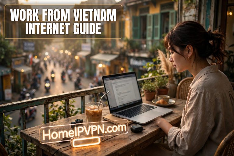 Photorealistic headline thumbnail for the article: Remote Work from Vietnam: Internet Survival Guide