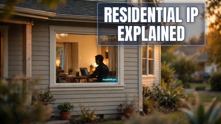 Suburban house at sunset with a person working inside, glowing headline reading residential IP explained