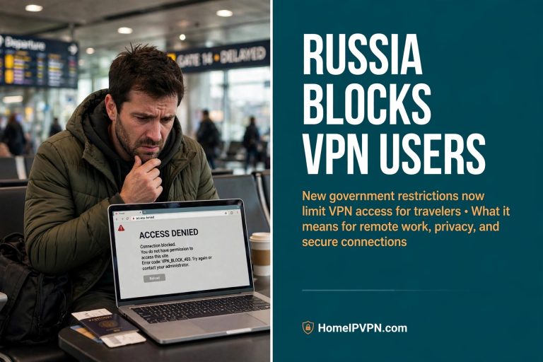 Featured image for the article 'Your Bank Blocked You for Having a VPN On? Russia Just Made It Official Policy': split-layout design with a frustrated traveler at an airport looking at an 'Access Denied' laptop screen on the left, and a teal panel with the headline 'Russia Blocks VPN Users' on the right.