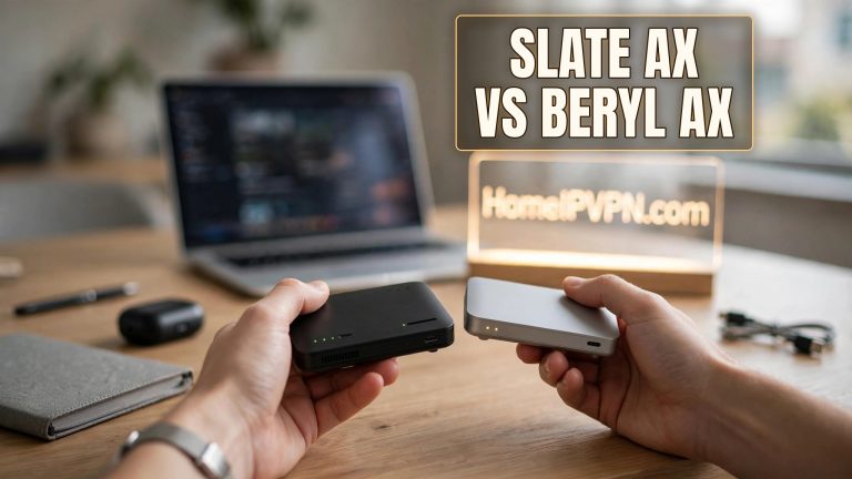 Hands holding two GL.iNet travel routers on a desk, glowing headline reading Slate AX vs Beryl AX