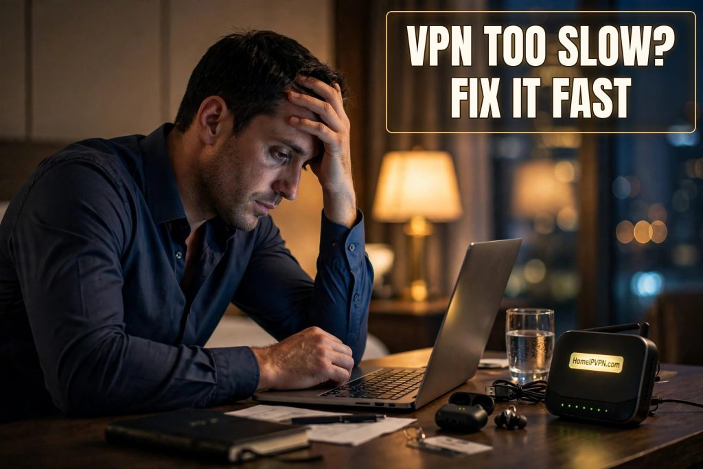 Frustrated man at a desk at night looking at a laptop, glowing headline reading VPN too slow fix it fast