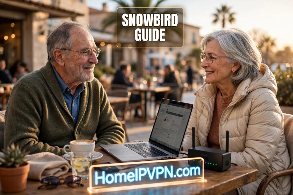 Senior couple smiling at each other over a laptop at a sunny outdoor cafe with a HomeIPVPN.com neon sign on the table, with the headline Snowbird Guide