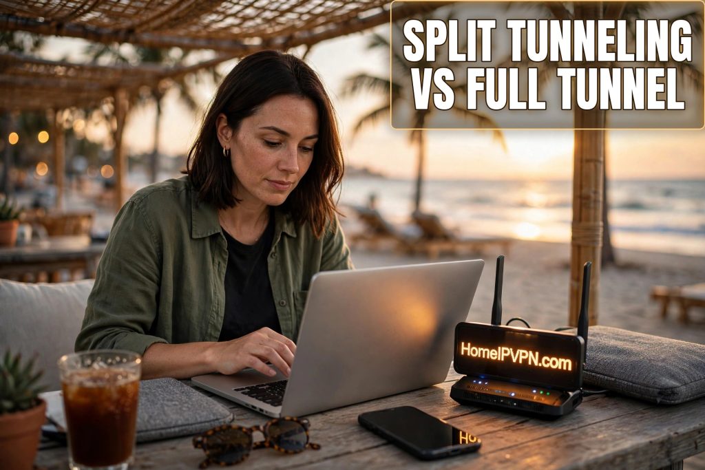 Featured headline image: Split Tunneling vs Full Tunnel - woman working on laptop at beachside cafe with HomeIPVPN travel router, headline overlay 'SPLIT TUNNELING VS FULL TUNNEL'.
